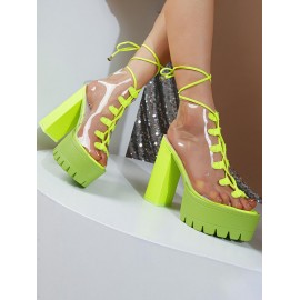 Sheer PVC Cut Out Lace Up Platform Ankle Boots Sandals