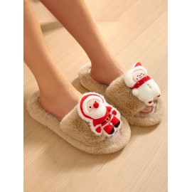 Women's Christmas Santa Claus Snowman Patched Design Fluffy Fuzzy Faux Fur Open Toe Home Indoor Slippers