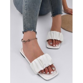 Women's Minimalist Style Daily Ruched Straps Flats Slip On Sandals Slides