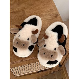 Cartoon Cow Design Fluffy Warm Bedroom Slippers