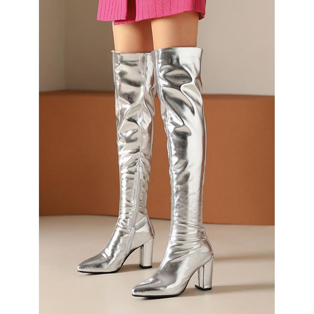 Women's Metallic Color Side Zip Chunky Block Heels Pointed Toe Thigh-high Club Boots