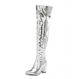 Women's Metallic Color Side Zip Chunky Block Heels Pointed Toe Thigh-high Club Boots