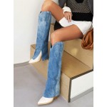 Women's Daily Streetwear Pointed Toe Block Chunky Heeled Denim Panel Spliced Foldover Knee High Boots