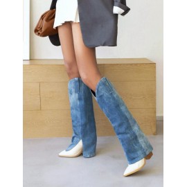Women's Daily Streetwear Pointed Toe Block Chunky Heeled Denim Panel Spliced Foldover Knee High Boots