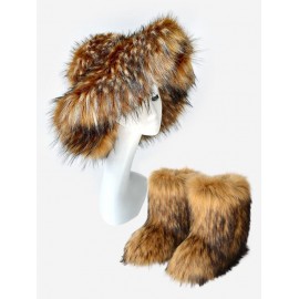 Women's Fashion Y2K Streetwear Warm Fluffy Fuzzy Furry Faux Fur Textured Statement Winter Bucket Hat and Snow Boots Set