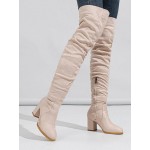 Women's Solid Color Suede Crinkle Design Chunky Heels Over The Knee Boots