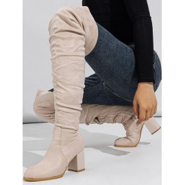 Women's Solid Color Suede Crinkle Design Chunky Heels Over The Knee Boots