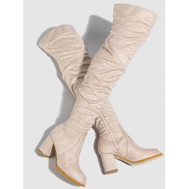 Women's Solid Color Suede Crinkle Design Chunky Heels Over The Knee Boots