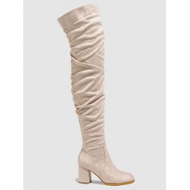 Women's Solid Color Suede Crinkle Design Chunky Heels Over The Knee Boots