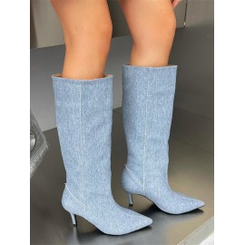 Women's Elegant Daily Kitten Heeled Pointed Toe Denim Knee High Boots