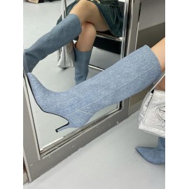 Women's Elegant Daily Kitten Heeled Pointed Toe Denim Knee High Boots