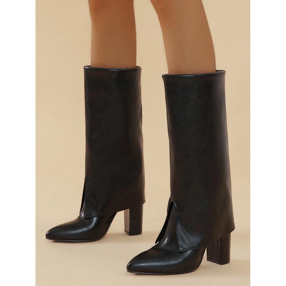 Chunky Heel Pointed Toe Fold Over Mid-calf Boots