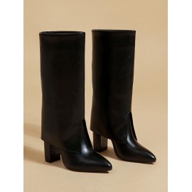 Chunky Heel Pointed Toe Fold Over Mid-calf Boots