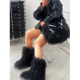 Women's Cool Y2K Daily Solid Color Fuzzy Fluffy Furry Faux Fur Textured Mid-calf Snow Boots with Matching Oversized Tote Bag