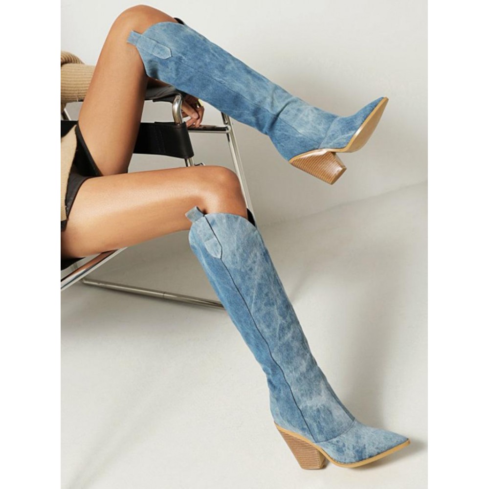 Women's Fashion Chunky Heels Pointed Toe Knee-high Denim Boots