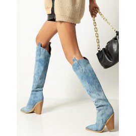 Women's Fashion Chunky Heels Pointed Toe Knee-high Denim Boots