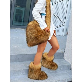 Women's Winter Thermal Y2K Fluffy Shaggy Faux Fur Snow Boots and Heart Shape High Capacity Oversized Crossbody Bag Set