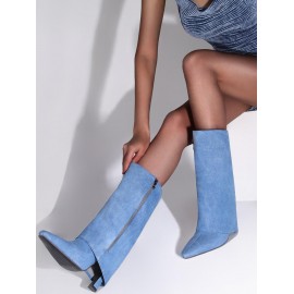 Women's Square Toe High Heel Side Zipper Fold Over Mid-calf Denim Boots