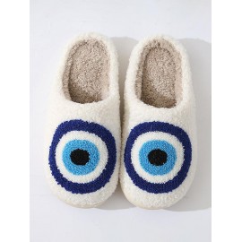 Cartoon Eye Pattern Thicken Antiskid Fuzzy Plush Slippers For Men And WomenWhite