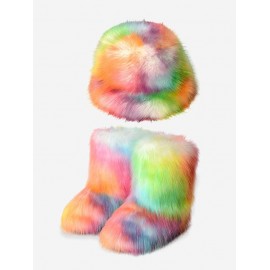 Colorful Rainbow Tie Dye Fluffy Faux Fur Warm Thermal Winter Snow Boots With Bucket HatMulti-c