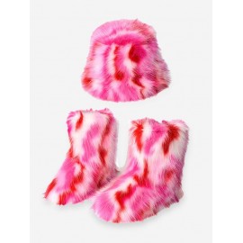 Colorful Rainbow Tie Dye Fluffy Faux Fur Warm Thermal Winter Snow Boots With Bucket HatMulti-a