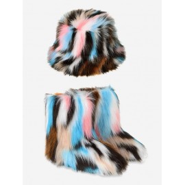 Colorful Rainbow Tie Dye Fluffy Faux Fur Warm Thermal Winter Snow Boots With Bucket HatMulti-g