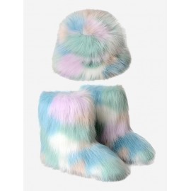 Colorful Rainbow Tie Dye Fluffy Faux Fur Warm Thermal Winter Snow Boots With Bucket HatMulti-f