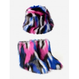 Colorful Rainbow Tie Dye Fluffy Faux Fur Warm Thermal Winter Snow Boots With Bucket HatMulti-e