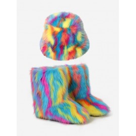 Colorful Rainbow Tie Dye Fluffy Faux Fur Warm Thermal Winter Snow Boots With Bucket HatMulti-b